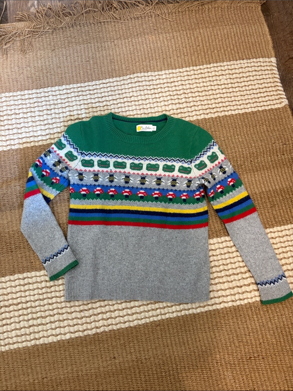 Mini Boden Green and Gray Fair Isle Crewneck Sweater
